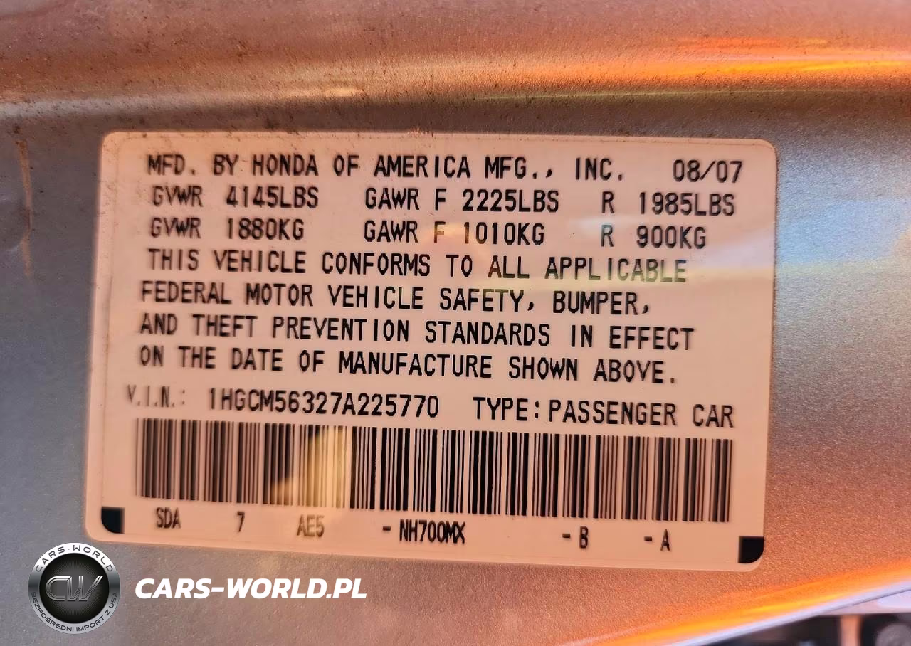 2007 Honda Accord Se VIN:1HGCM56327A225770 - 12