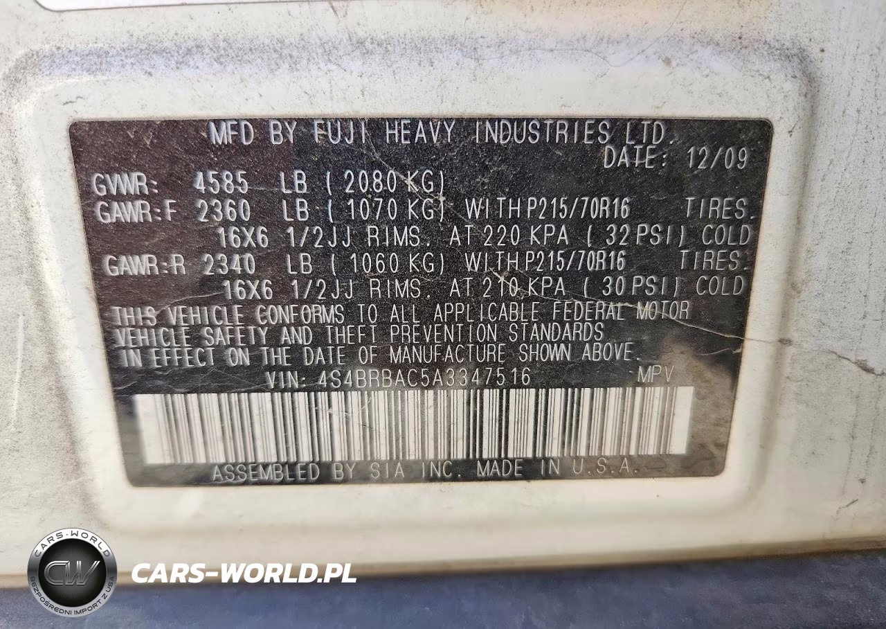 2010 Subaru Outback 2.5I VIN:4S4BRBAC5A3347516 - 12