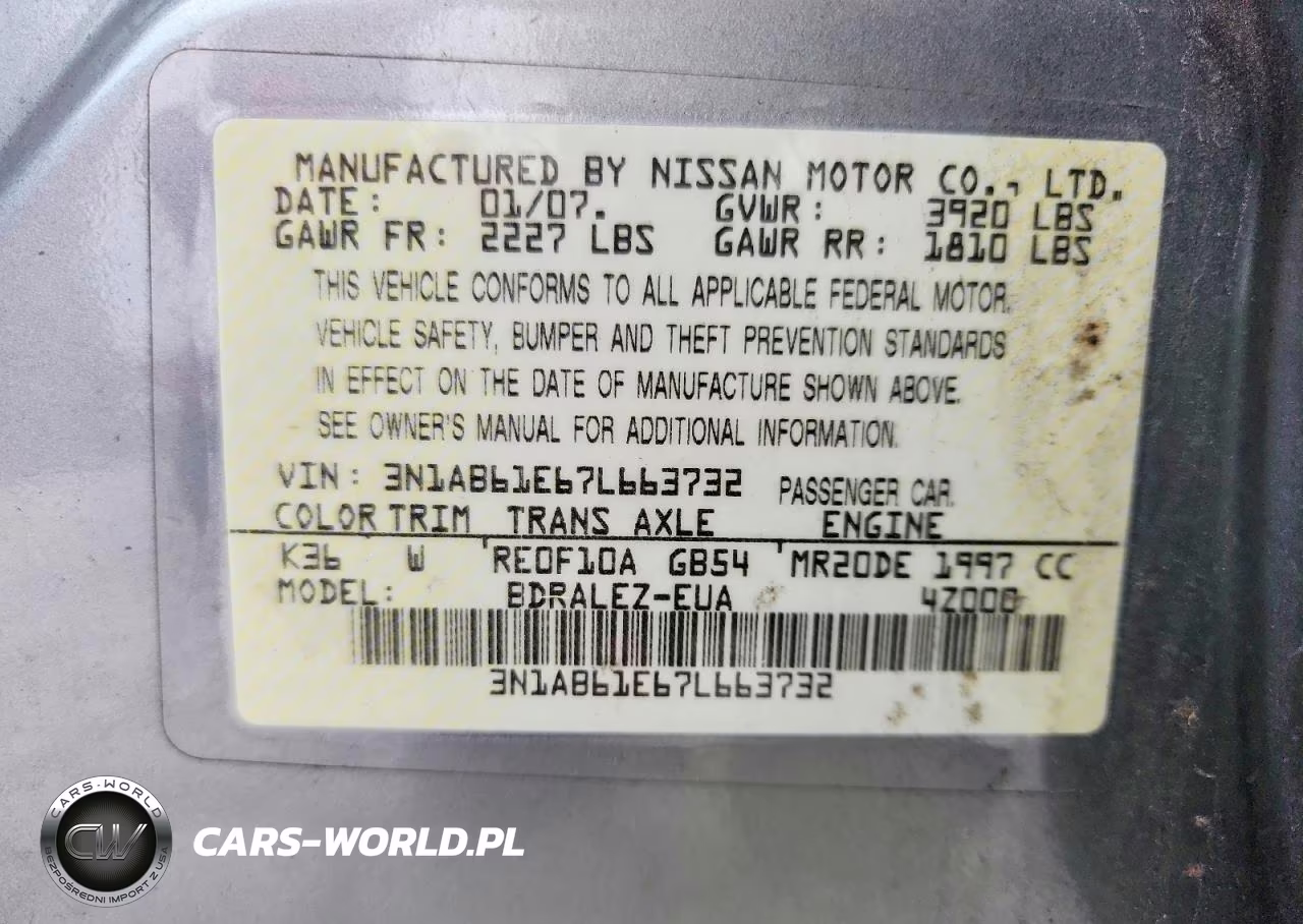 2007 Nissan Sentra 2.0 VIN:3N1AB61E67L663732 - 12