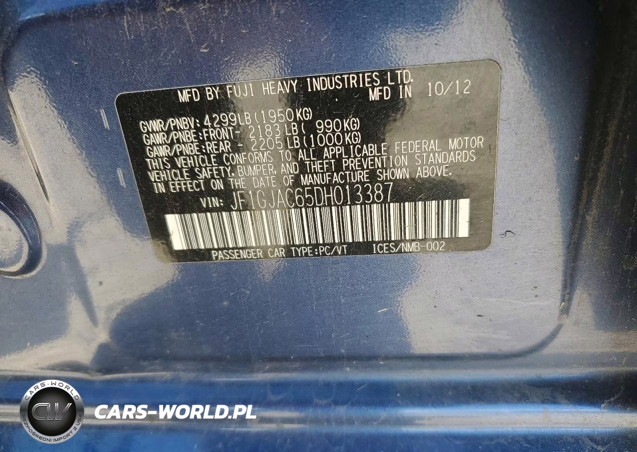 2013 Subaru Impreza Premium VIN:JF1GJAC65DH013387 - 12