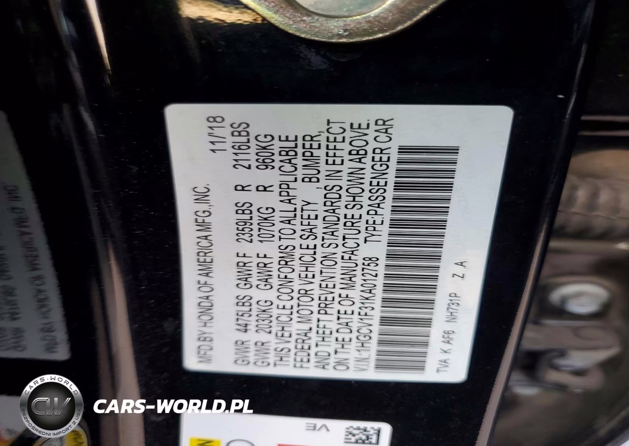 2019 Honda Accord VIN:1HGCV1F31KA012758 - 12