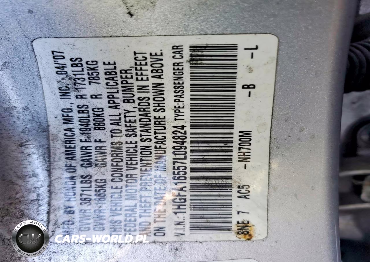 2007 Honda Civic Lx VIN:1HGFA16557L094824 - 12
