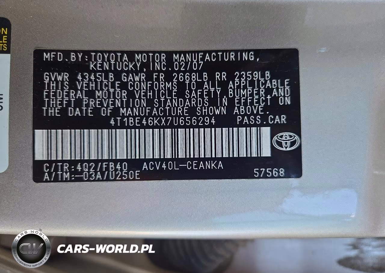 2007 Toyota Camry Le VIN:4T1BE46KX7U656294 - 12