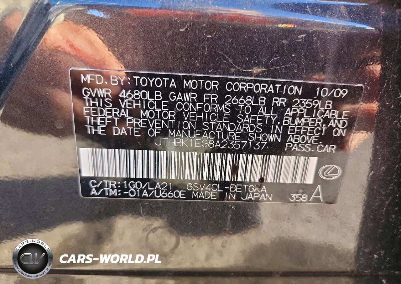 2010 Lexus Es 350 VIN:JTHBK1EG8A2357137 - 12