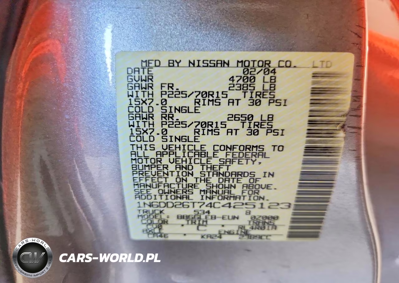 2004 Nissan Frontier Standard VIN:1N6DD26T74C425123 - 12