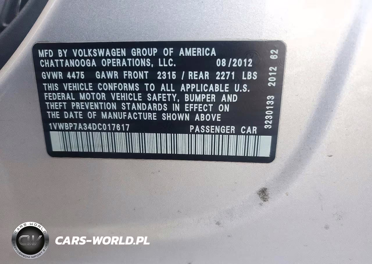 2013 Volkswagen Passat Se VIN:1VWBP7A34DC017617 - 12