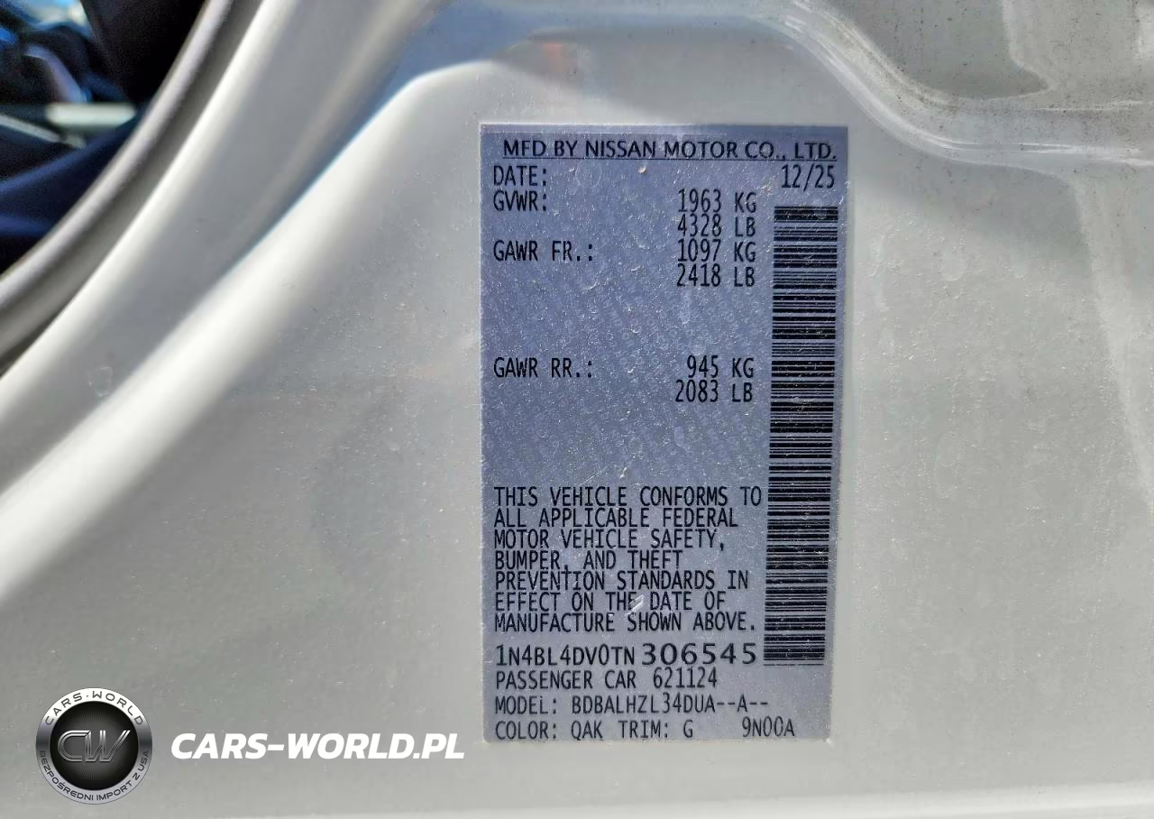 2026 Nissan Altima Sv VIN:1N4BL4DV0TN306545 - 12