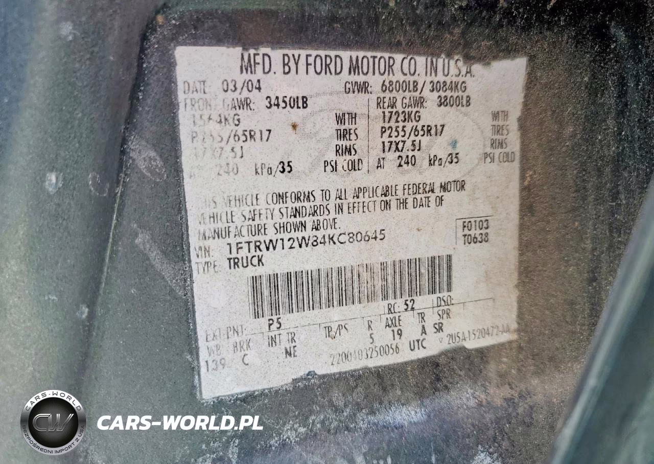 2004 Ford F150 Supercrew VIN:1FTRW12W84KC80645 - 12