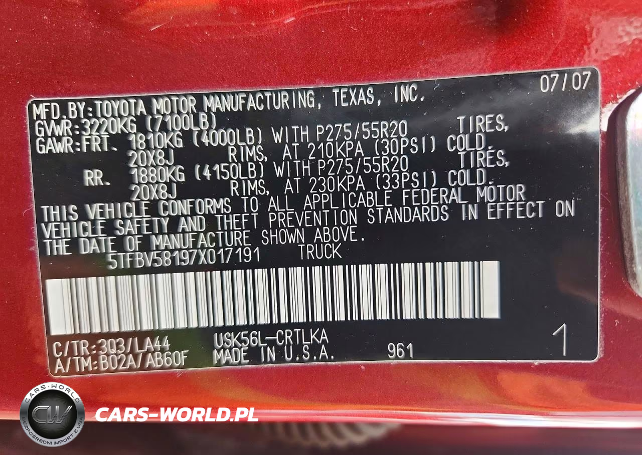 2007 Toyota Tundra Limited VIN:5TFBV58197X017191 - 12