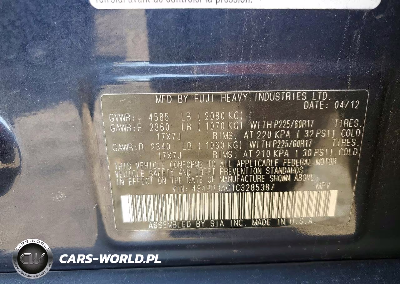 2012 Subaru Outback 2.5I VIN:4S4BRBAC1C3285387 - 12