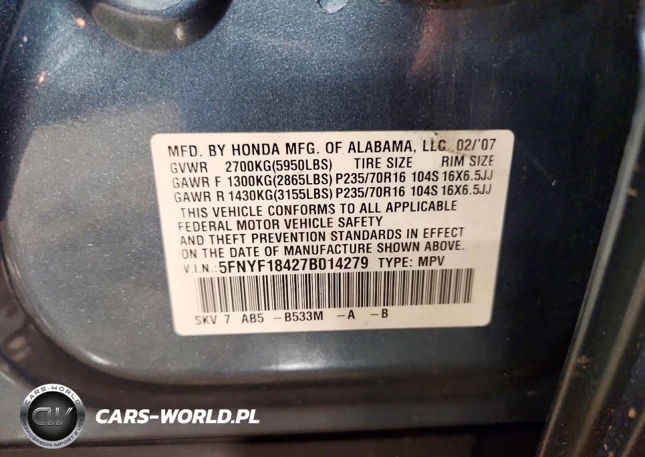 2007 Honda Pilot Ex VIN:5FNYF18427B014279 - 12