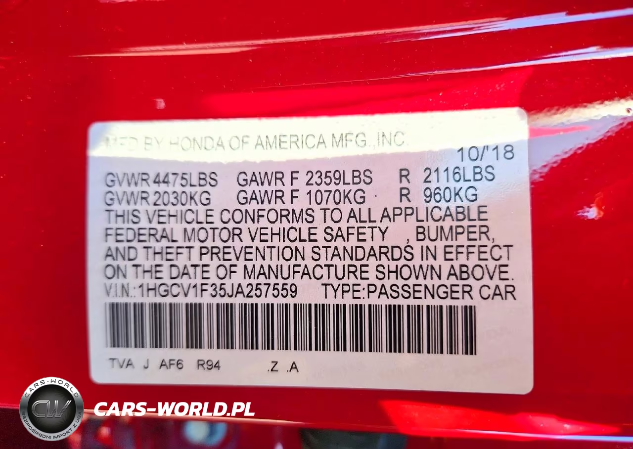 2018 Honda Accord Sport VIN:1HGCV1F35JA257559 - 13