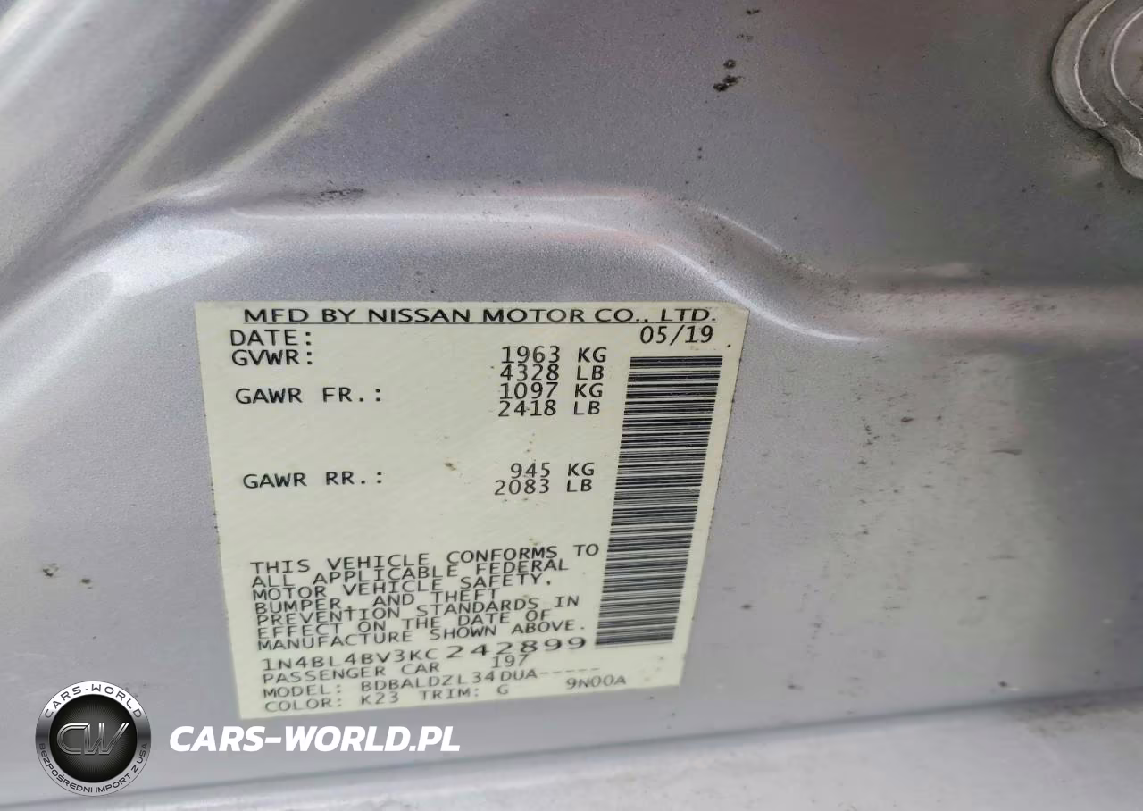 2019 Nissan Altima S VIN:1N4BL4BV3KC242899 - 12