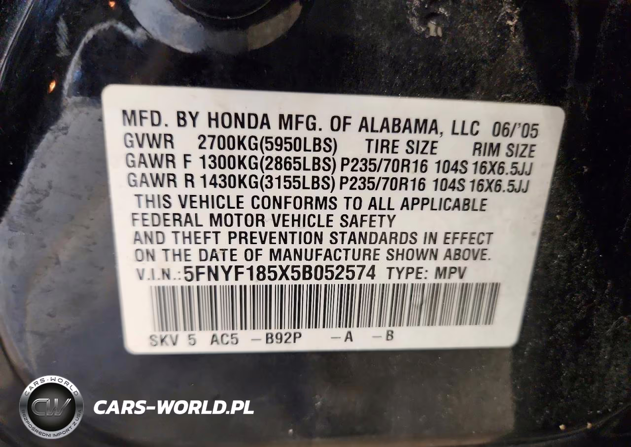 2005 Honda Pilot Exl VIN:5FNYF185X5B052574 - 13