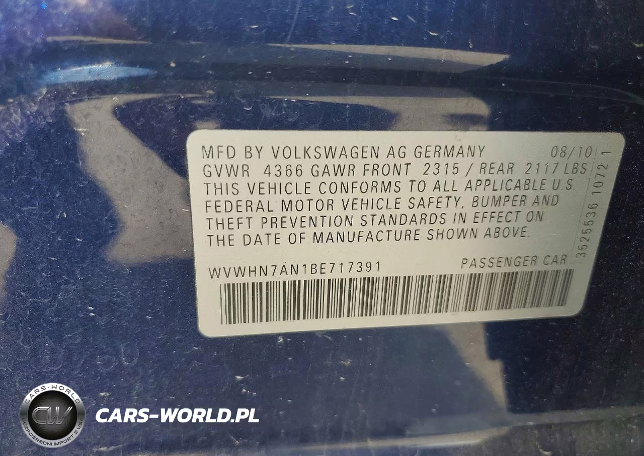 2011 Volkswagen Cc Luxury VIN:WVWHN7AN1BE717391 - 13