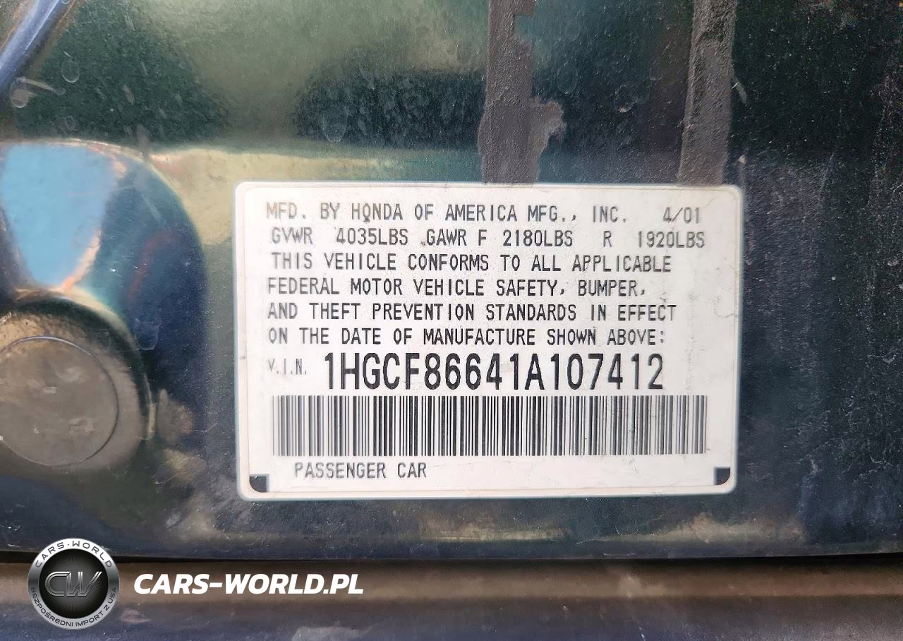 2001 Honda Accord Value VIN:1HGCF86641A107412 - 12