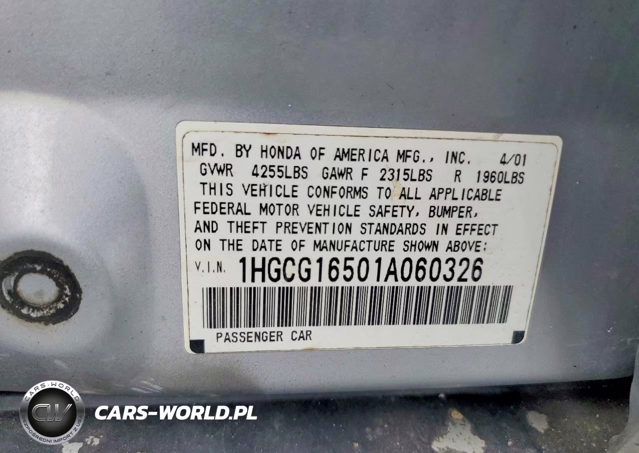 2001 Honda Accord Ex VIN:1HGCG16501A060326 - 12