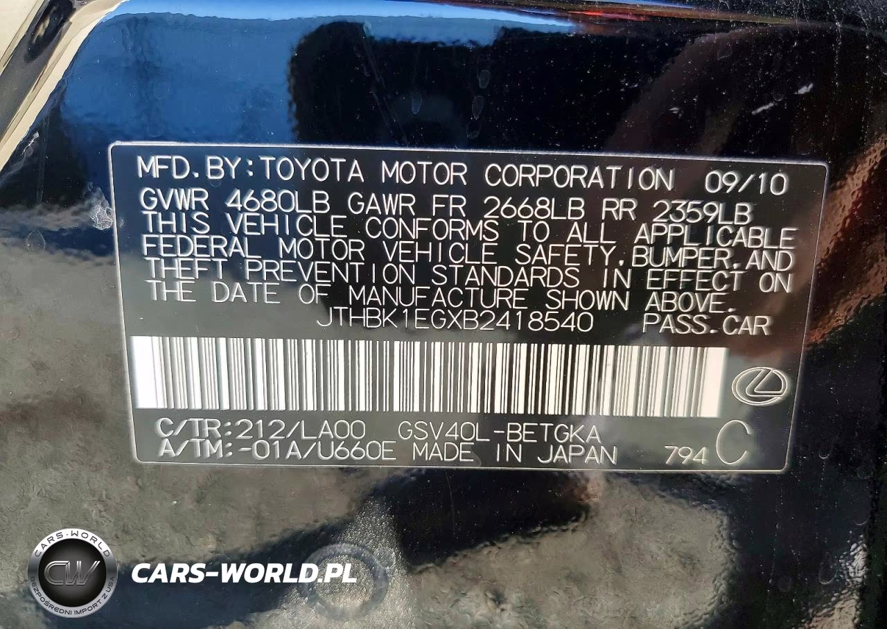 2011 Lexus Es 350 VIN:JTHBK1EGXB2418540 - 12