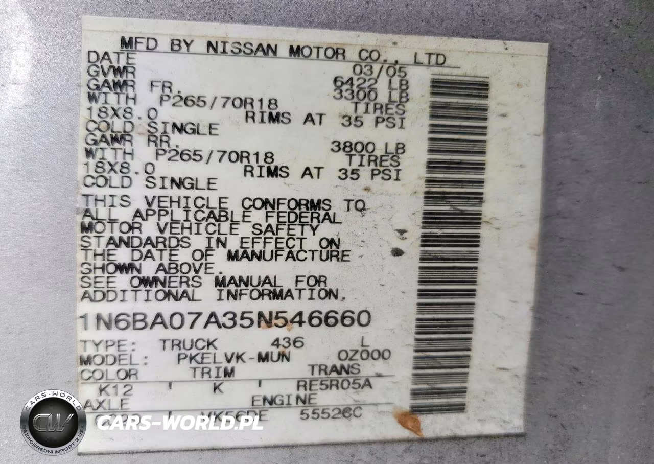 2005 Nissan Titan Xe VIN:1N6BA07A35N546660 - 12