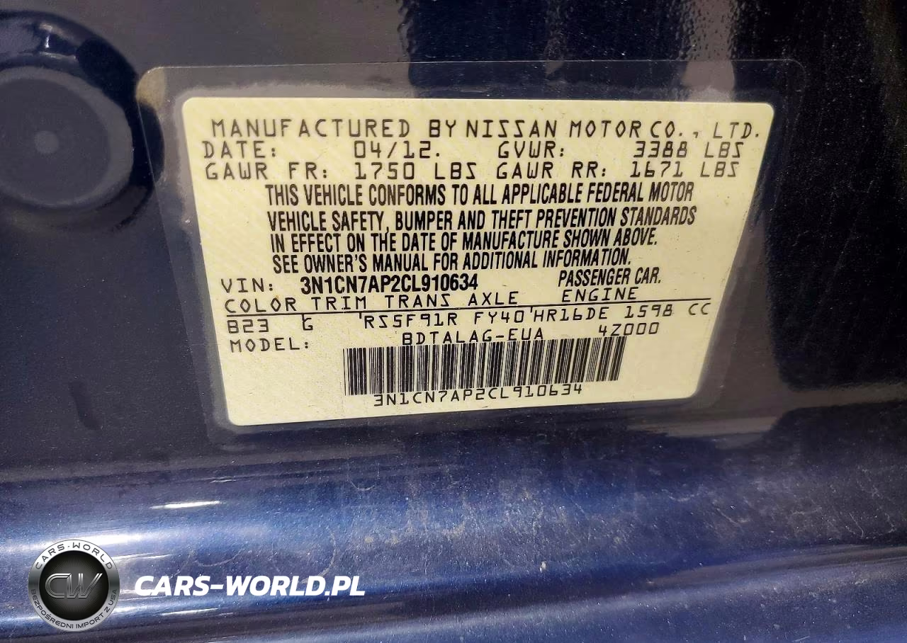 2012 Nissan Versa 1.6 S VIN:3N1CN7AP2CL910634 - 12
