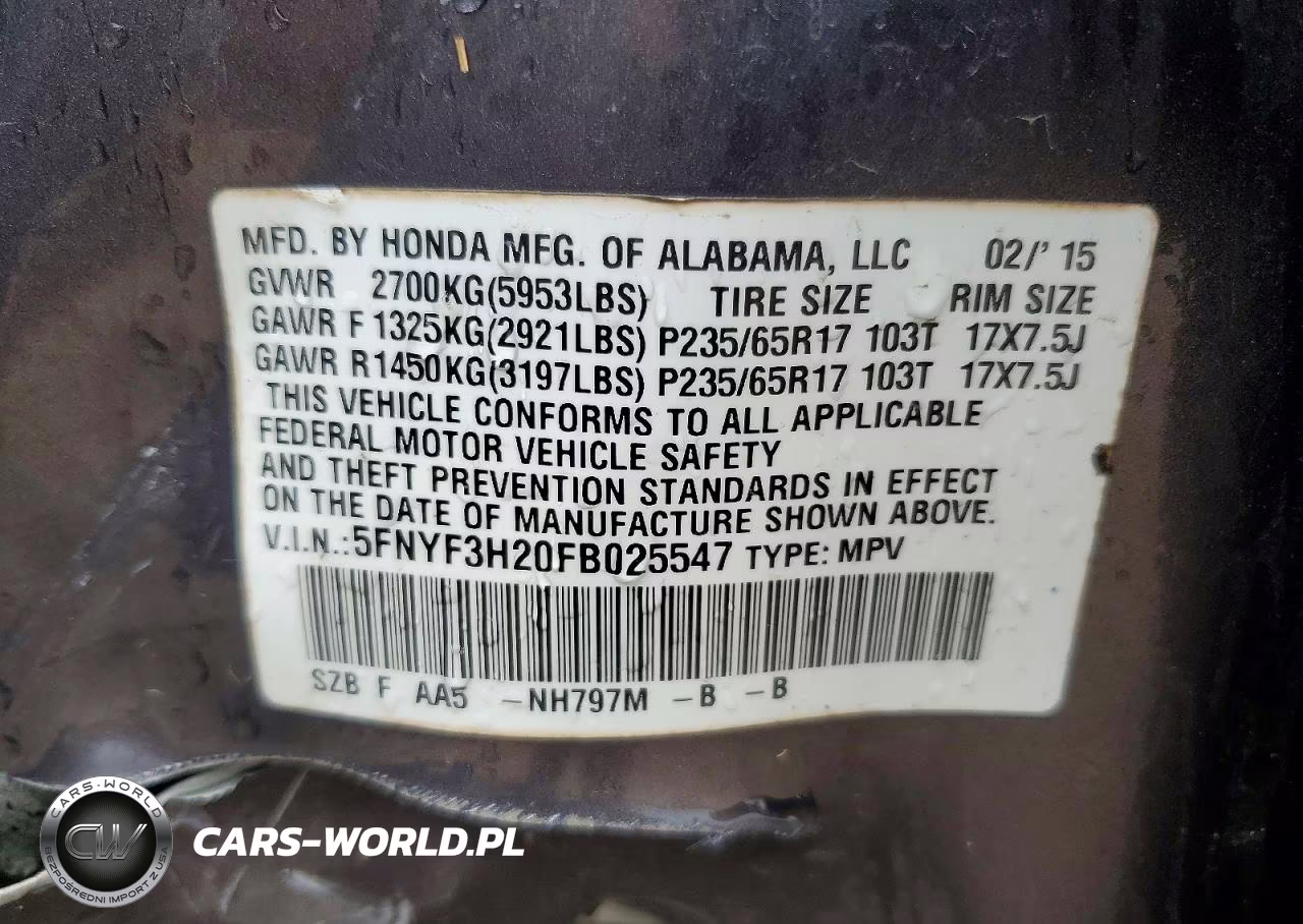 2015 Honda Pilot Lx VIN:5FNYF3H20FB025547 - 13