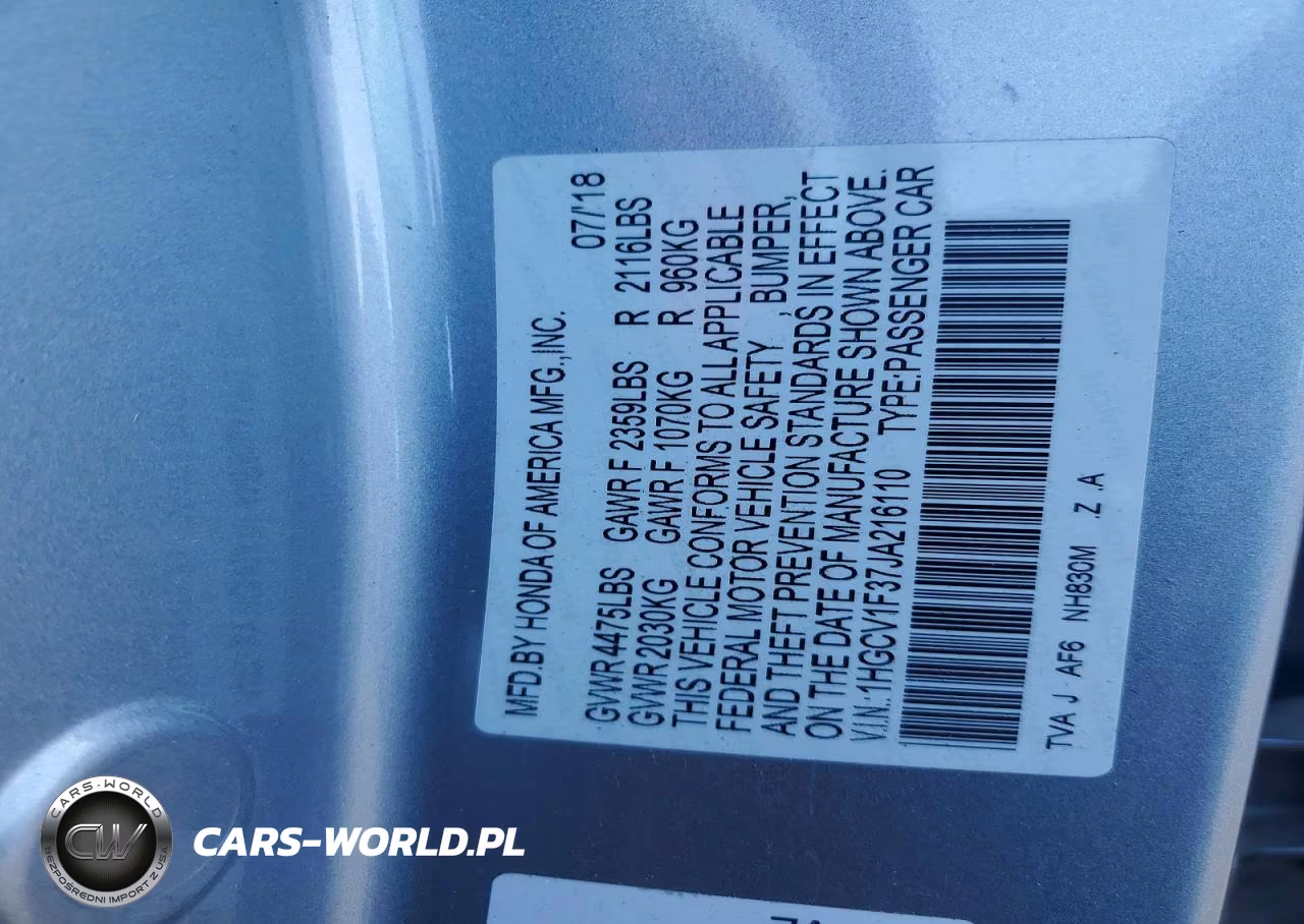 2018 Honda Accord Sport VIN:1HGCV1F37JA216110 - 12