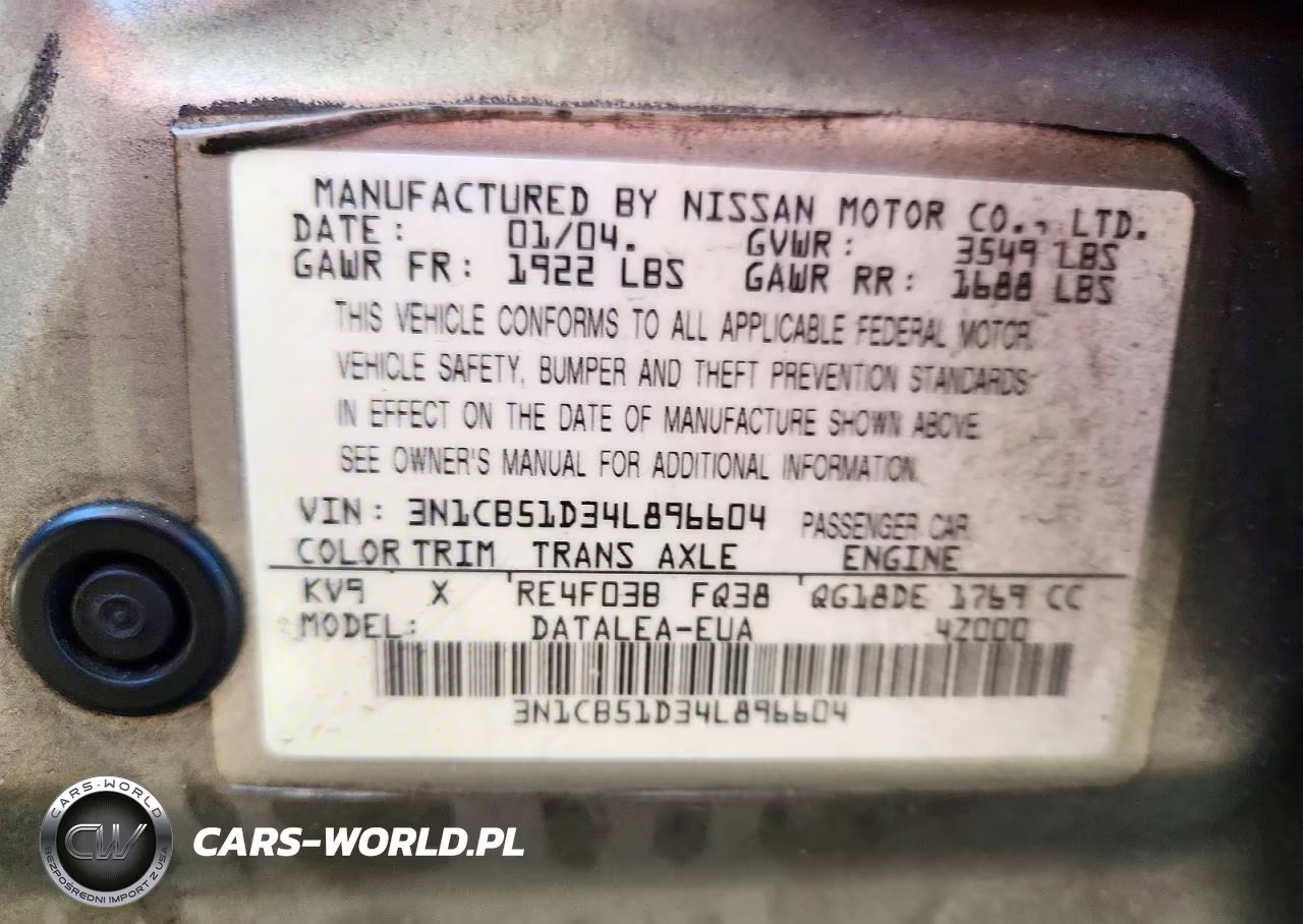 2004 Nissan Sentra 1.8 VIN:3N1CB51D34L896604 - 12