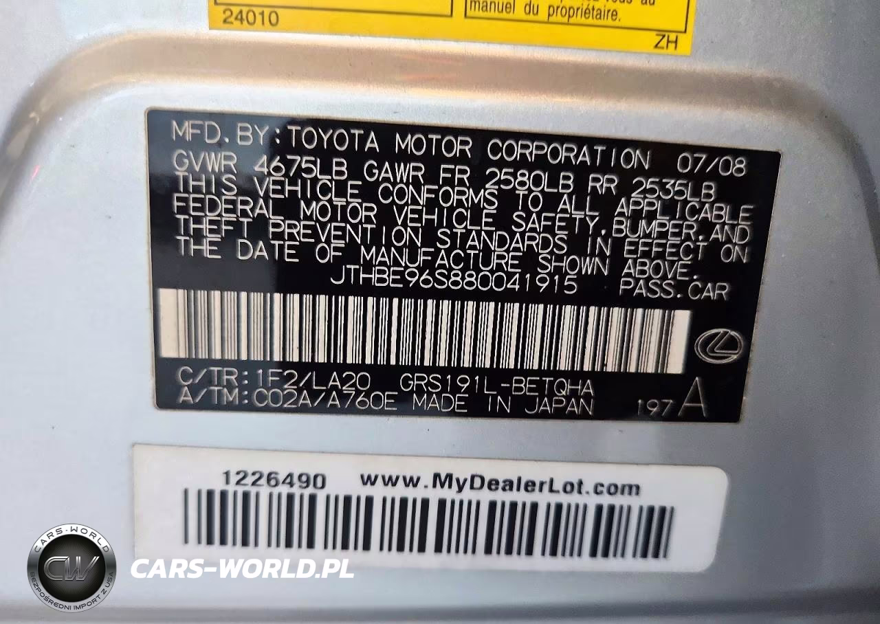 2008 Lexus Gs 350 VIN:JTHBE96S880041915 - 12