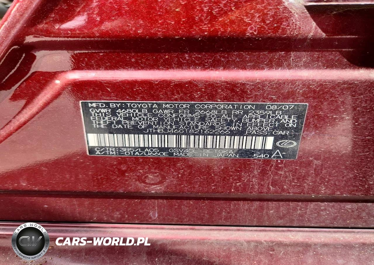 2008 Lexus Es 350 VIN:JTHBJ46G182162266 - 12