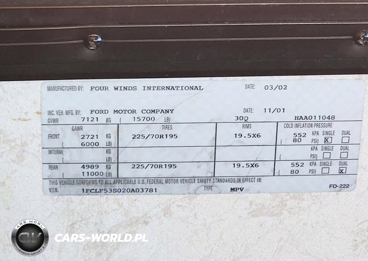 2002 Ford Motorhome Chassis VIN:1FCLF53S020A03781 - 10