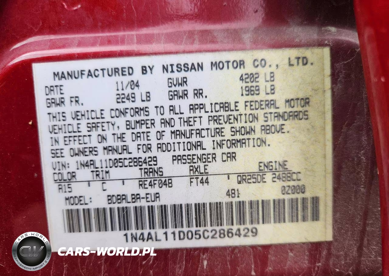 2005 Nissan Altima 2.5 VIN:1N4AL11D05C286429 - 13