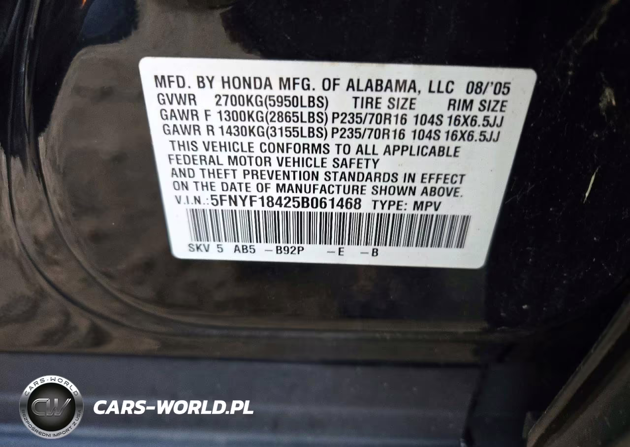 2005 Honda Pilot Ex VIN:5FNYF18425B061468 - 13