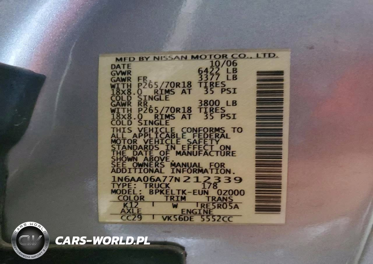 2007 Nissan Titan Xe VIN:1N6AA06A77N212339 - 12