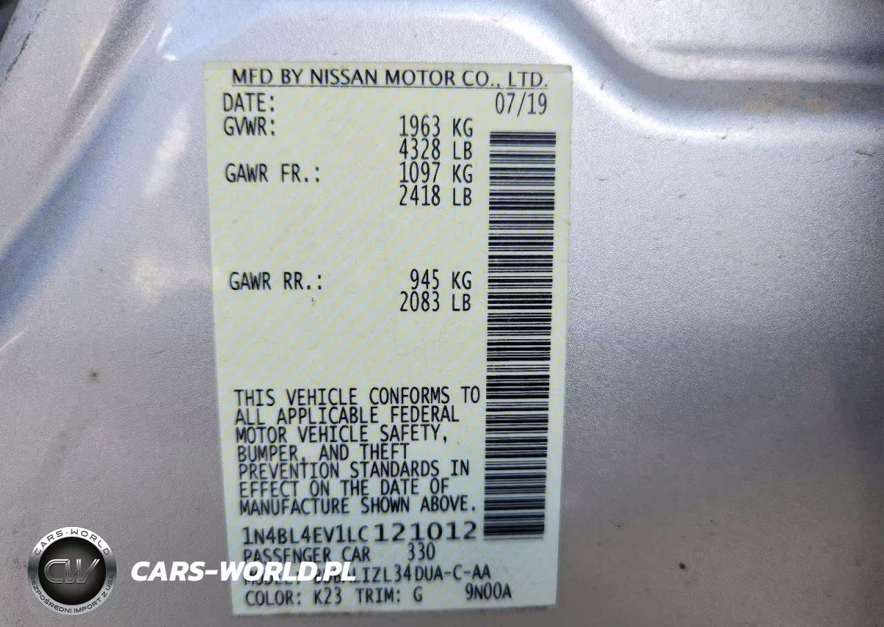 2020 Nissan Altima Sl VIN:1N4BL4EV1LC121012 - 12