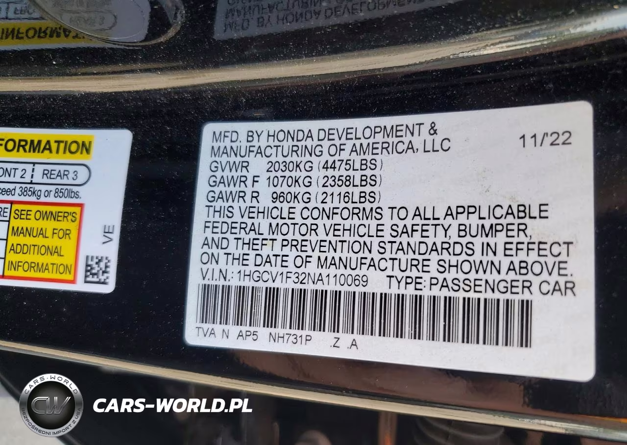 2022 Honda Accord Sport VIN:1HGCV1F32NA110069 - 12