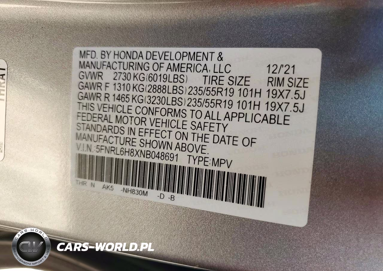 2022 Honda Odyssey Touring VIN:5FNRL6H8XNB048691 - 13