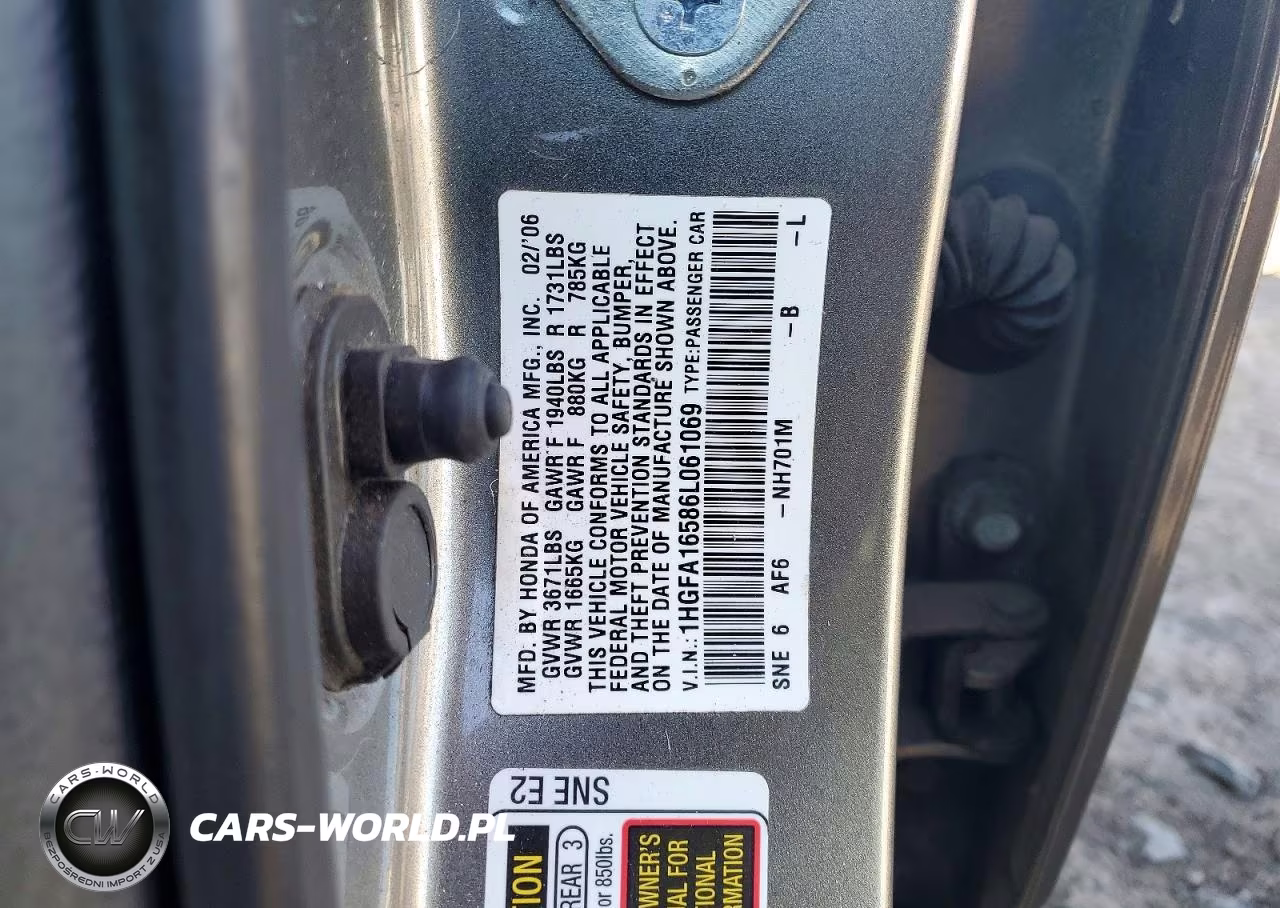 2006 Honda Civic Lx VIN:1HGFA16586L061069 - 12