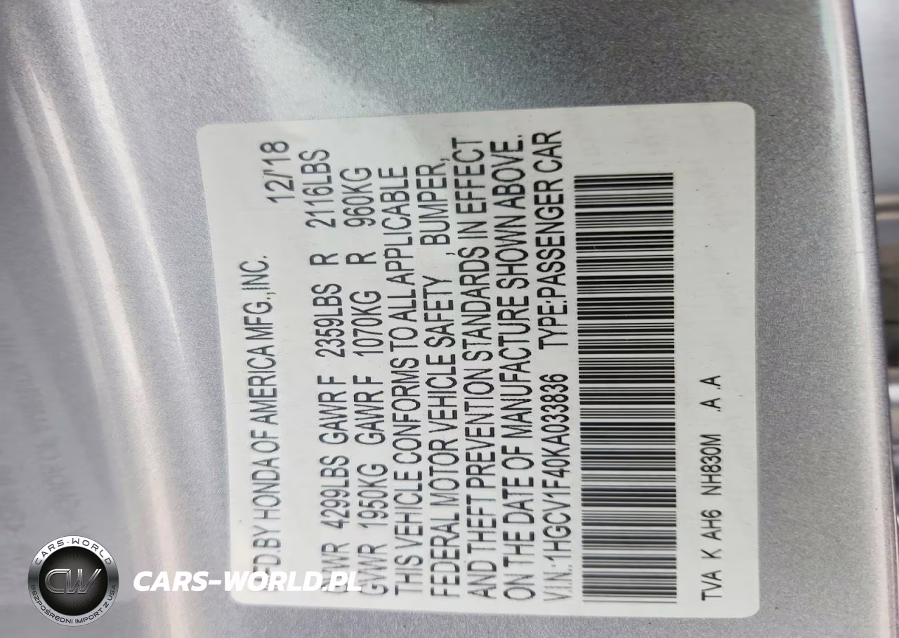 2019 Honda Accord Ex VIN:1HGCV1F40KA033836 - 12