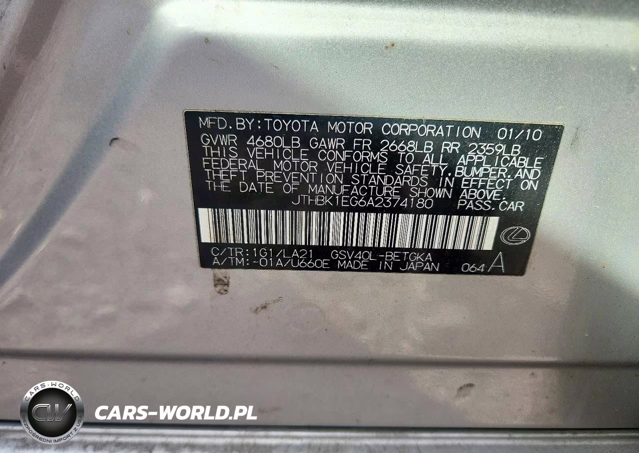 2010 Lexus Es 350 VIN:JTHBK1EG6A2374180 - 12