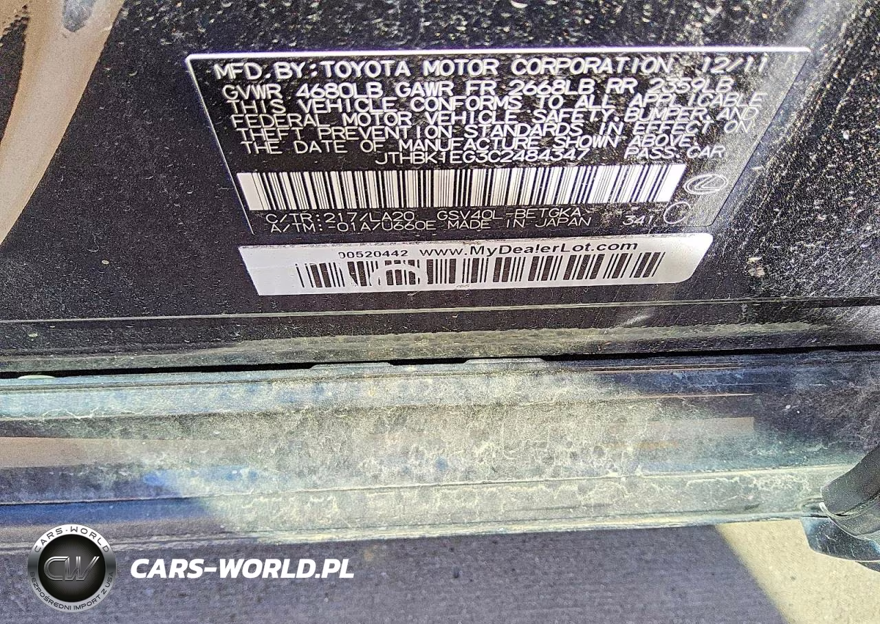 2012 Lexus Es 350 VIN:JTHBK1EG3C2484347 - 12