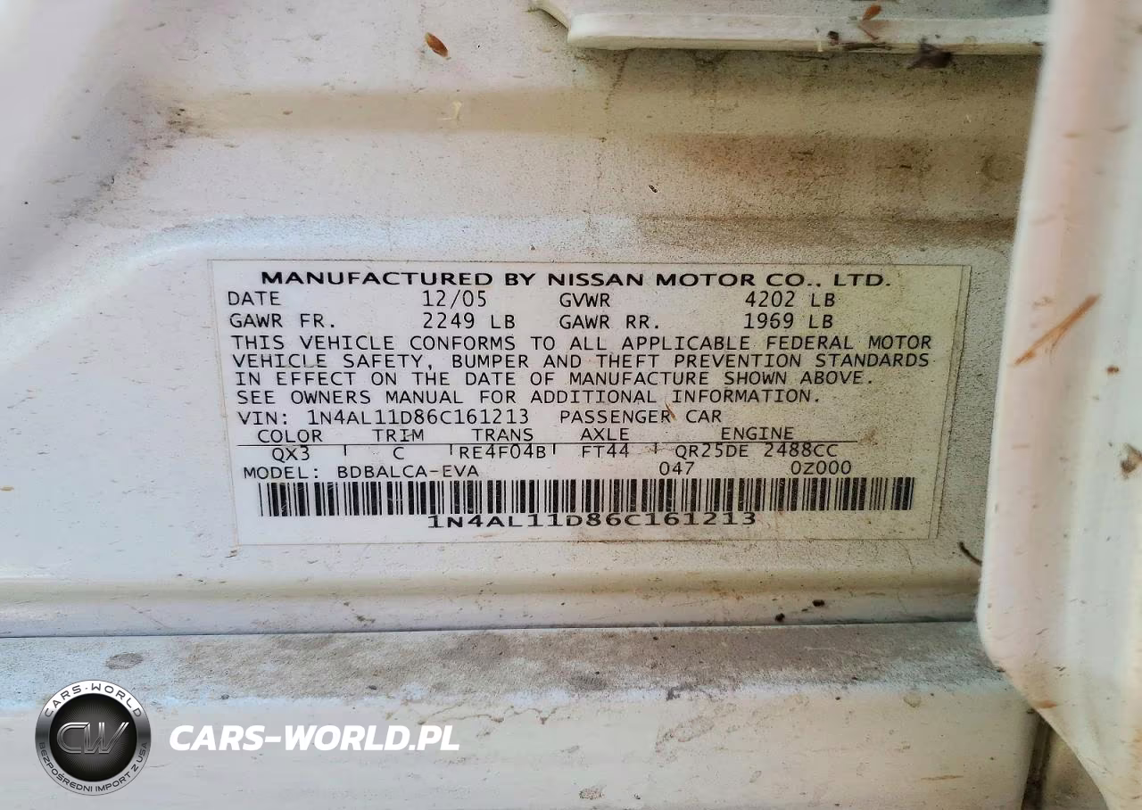 2006 Nissan Altima 2.5 VIN:1N4AL11D86C161213 - 12