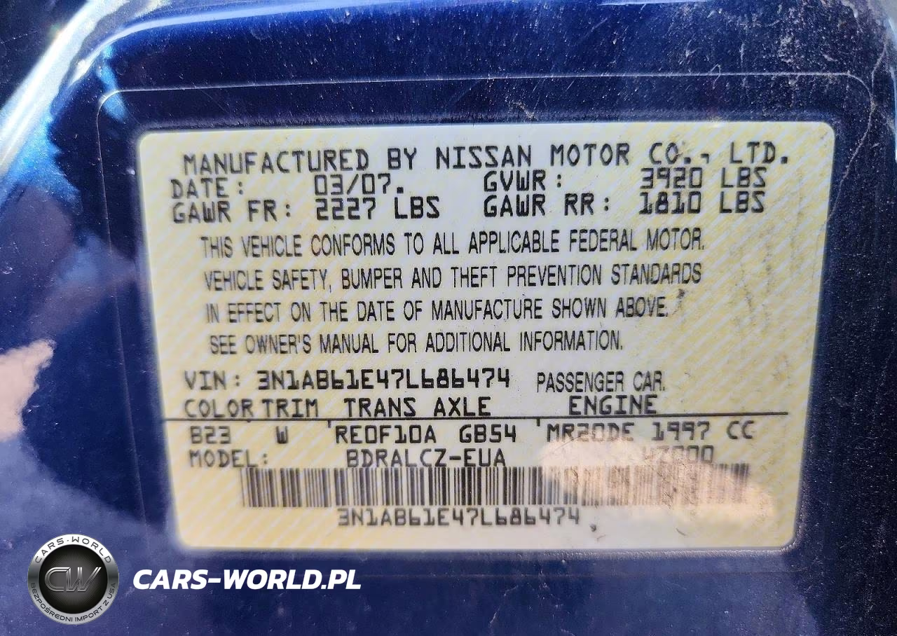 2007 Nissan Sentra 2.0 VIN:3N1AB61E47L686474 - 12