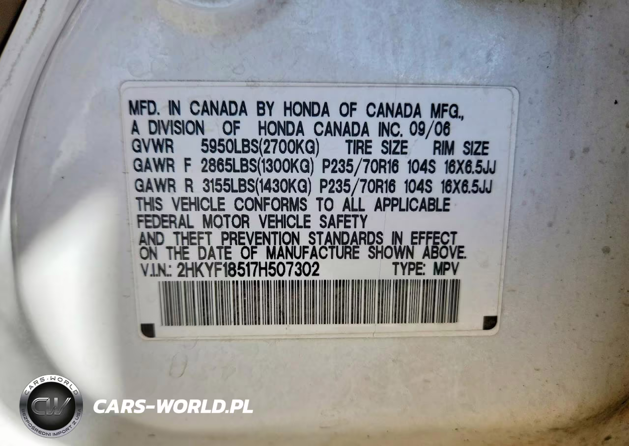 2007 Honda Pilot Exl VIN:2HKYF18517H507302 - 13