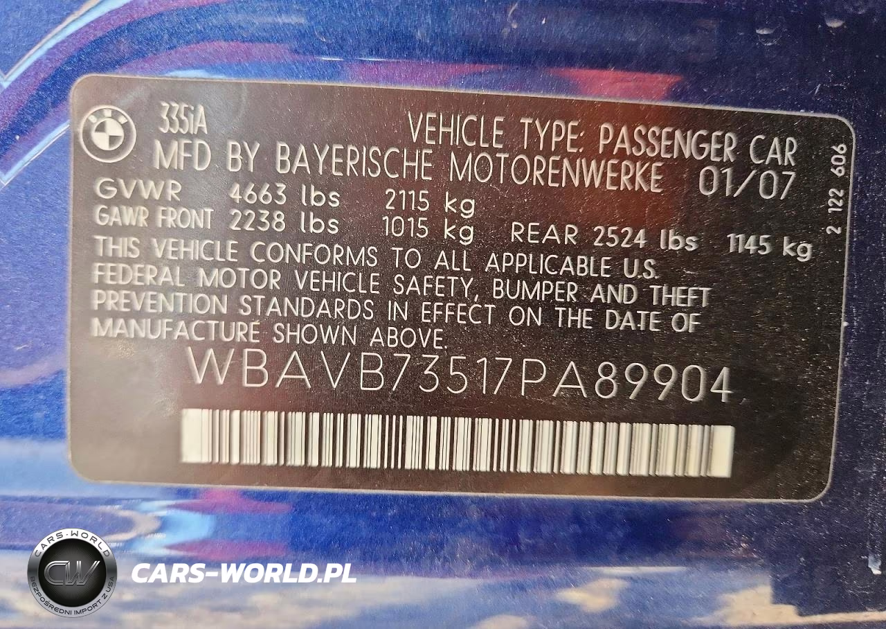 2007 BMW 335 I VIN:WBAVB73517PA89904 - 12