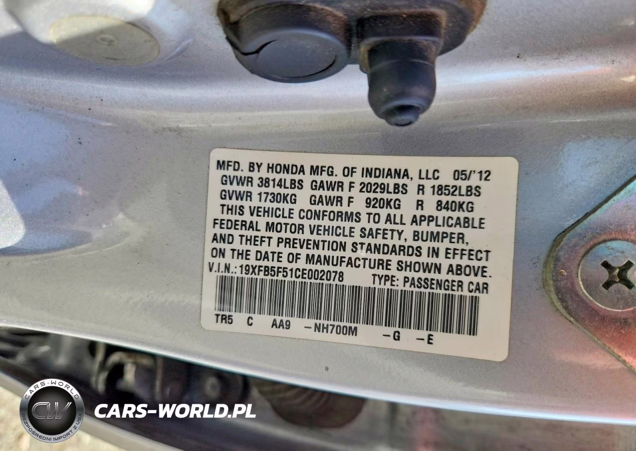 2012 Honda Civic Natural Gas VIN:19XFB5F51CE002078 - 12