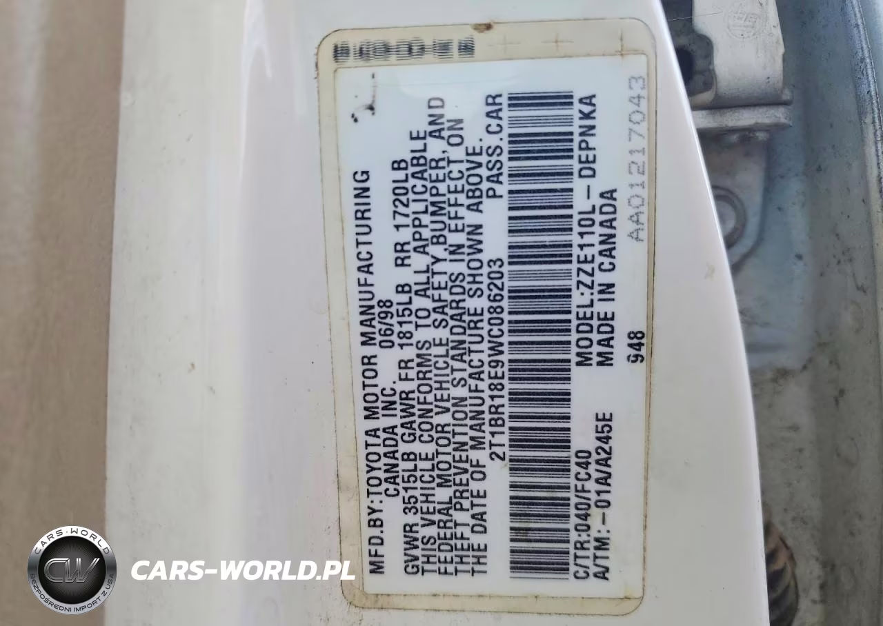 1998 Toyota Corolla Ve VIN:2T1BR18E9WC086203 - 12