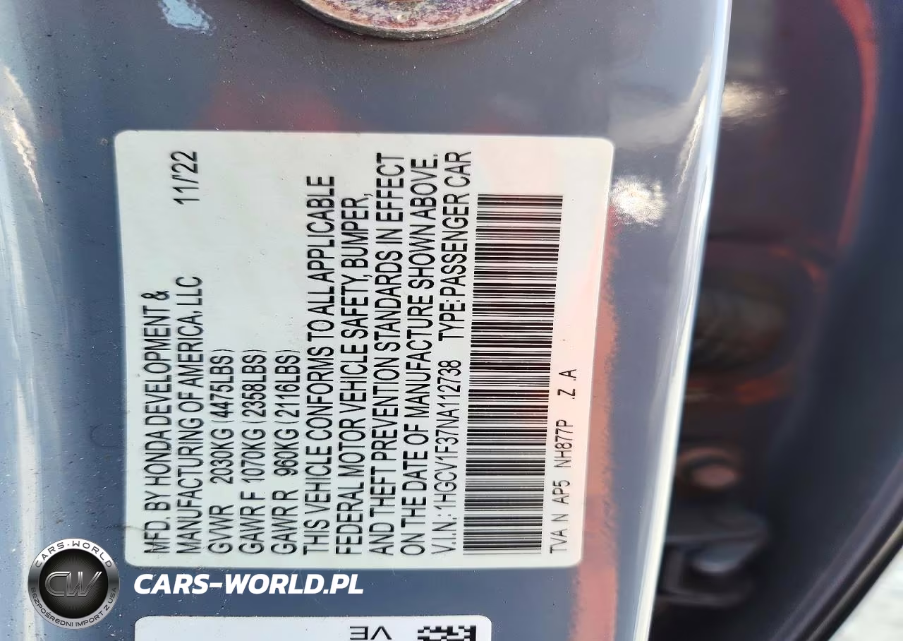 2022 Honda Accord Sport VIN:1HGCV1F37NA112738 - 12