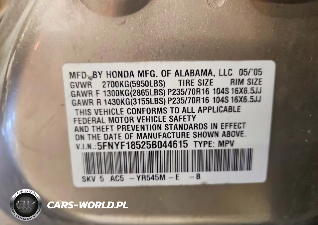 2005 Honda Pilot Exl VIN:5FNYF18525B044615 - 14