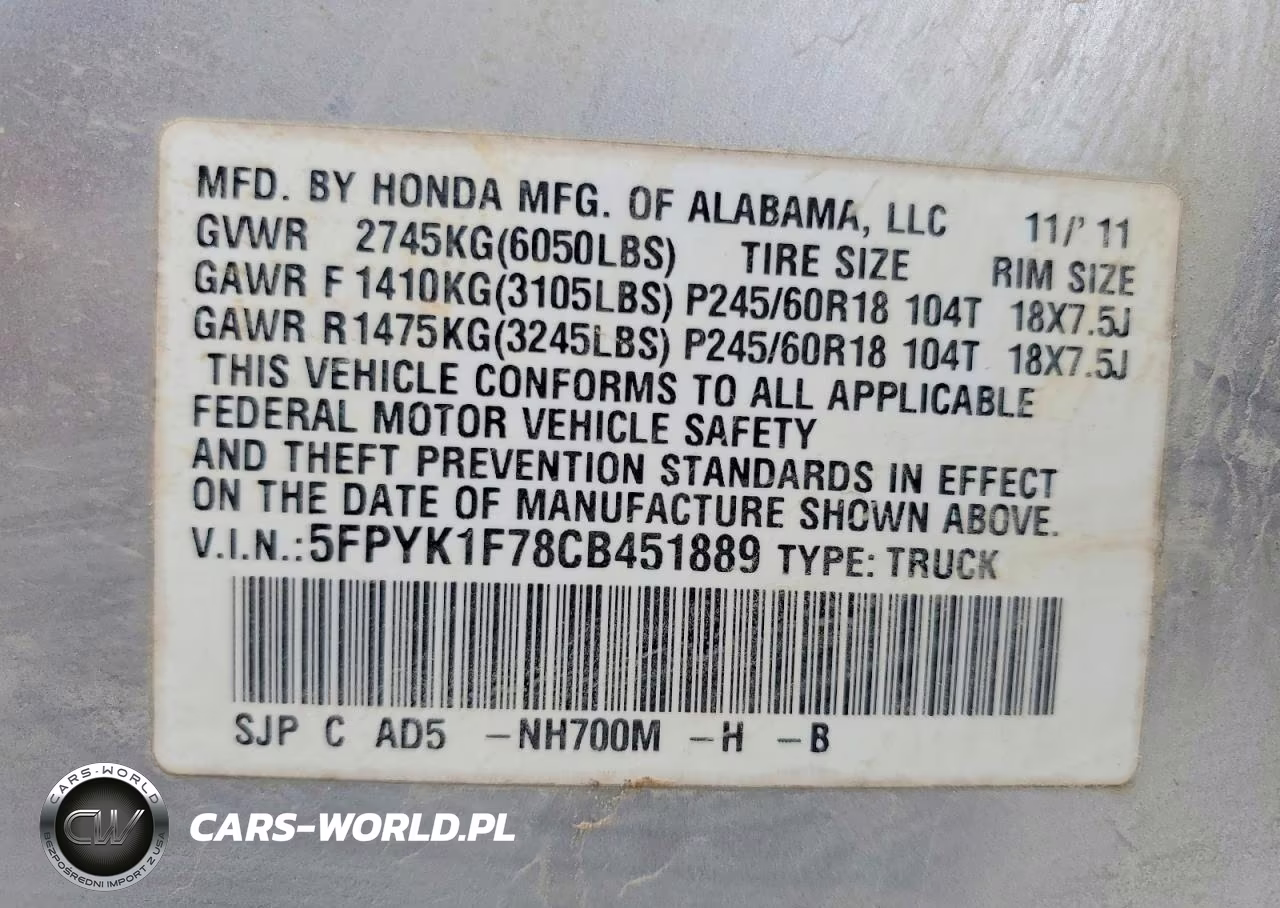 2012 Honda Ridgeline Sport VIN:5FPYK1F78CB451889 - 12