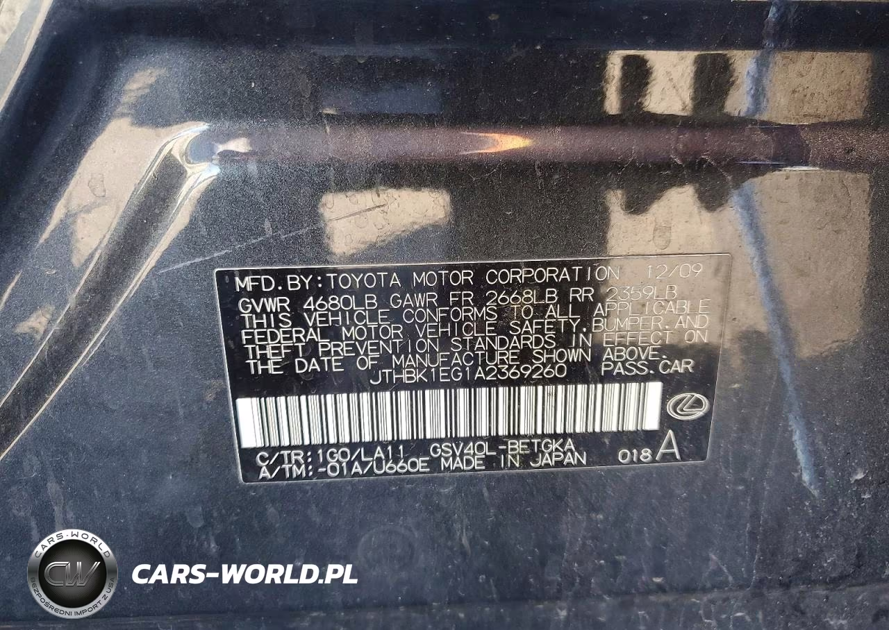 2010 Lexus Es 350 VIN:JTHBK1EG1A2369260 - 12